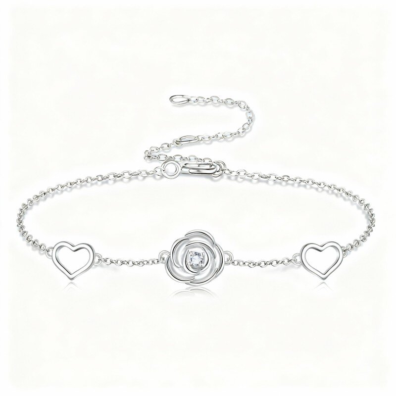 Pulseira em ouro branco 10K com pendente de rosa e coração em zircónia cúbica.-2