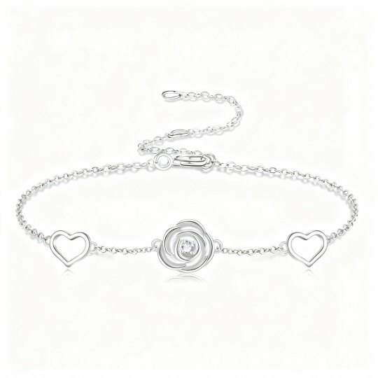 Armband aus 10-karätigem Weißgold mit Zirkonia-Rosen- und Herzanhänger