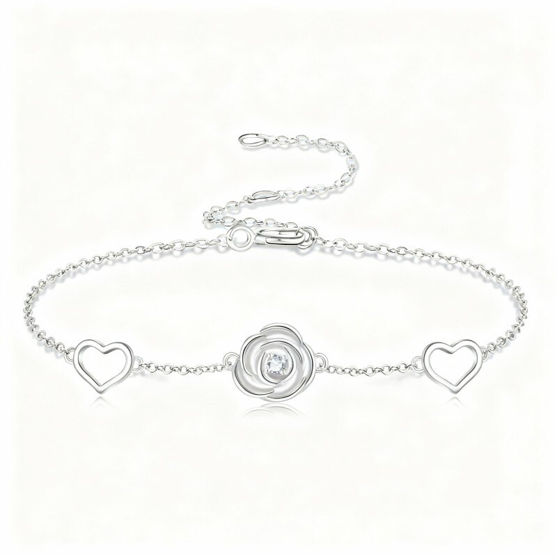 10Kホワイトゴールド キュービックジルコニア ローズ＆ハート チャームブレスレット-13