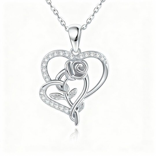 Collana con ciondolo a forma di cuore e rosa in oro bianco 10 carati con zirconi cubici