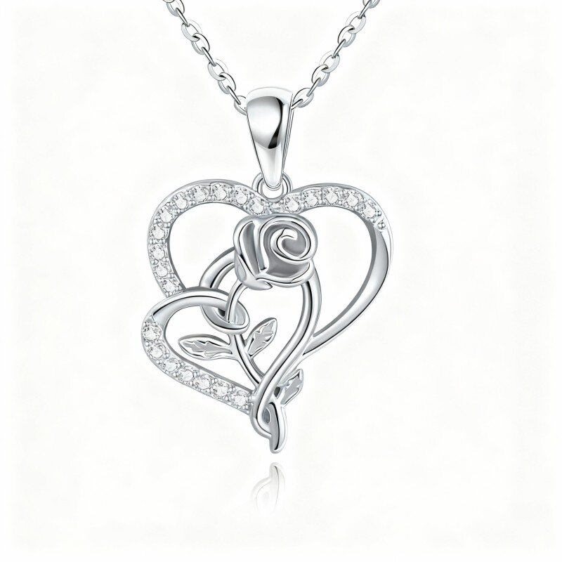 Halskette aus 18-karätigem Weißgold mit Zirkonia-Rose und Herzanhänger-1