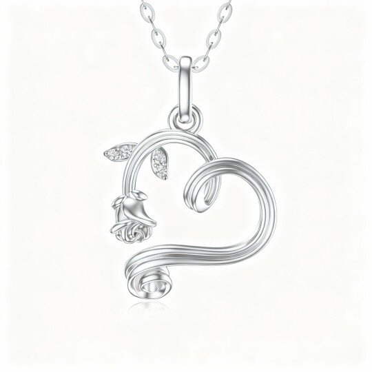 10K White Gold Rose & Heart Pendant Necklace