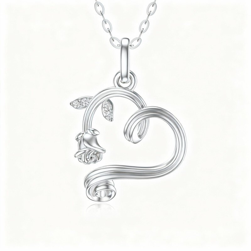 10K White Gold Rose & Heart Pendant Necklace-8
