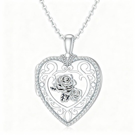 10K White Gold Rose & Heart Personalized Photo Locket Necklace