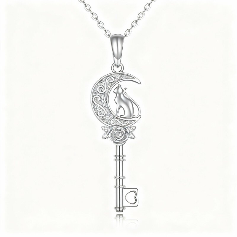 10K White Gold Rose & Key & Moon Pendant Necklace-13