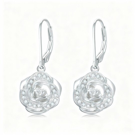 10Kホワイトゴールド キュービックジルコニア ローズ レバーバックイヤリング