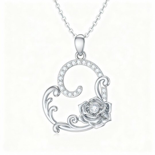 10K White Gold Cubic Zirconia Rose Pendant Necklace