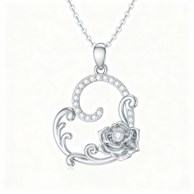 10K White Gold Cubic Zirconia Rose Pendant Necklace-15