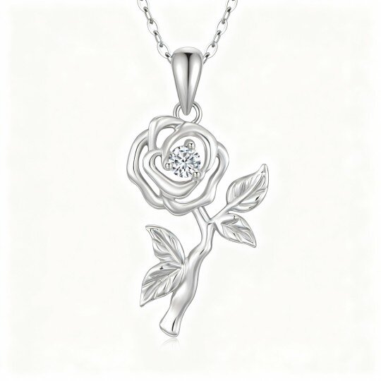 10K White Gold Cubic Zirconia Rose Pendant Necklace