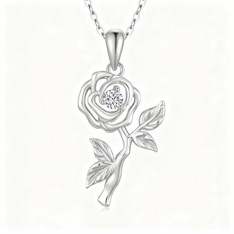 Colar com pendente de rosa em ouro branco 10K e zircónias cúbicas-16