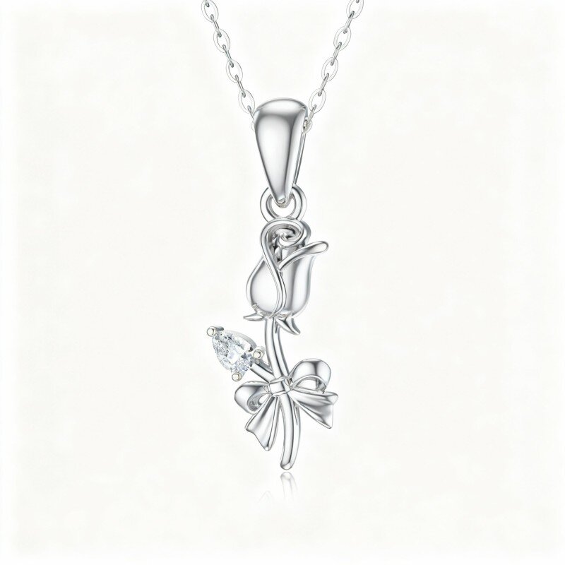 10K White Gold Cubic Zirconia Rose Pendant Necklace-5