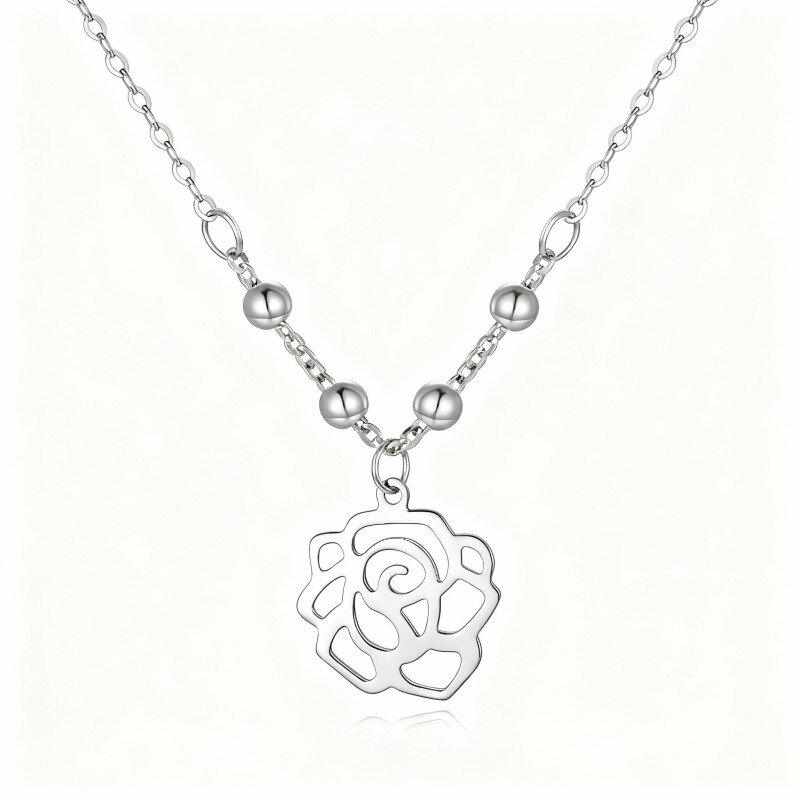 10K White Gold Rose Pendant Necklace-12