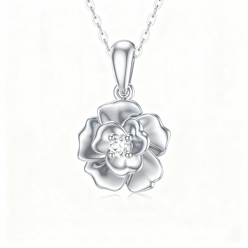 10K White Gold Cubic Zirconia Rose Pendant Necklace-5