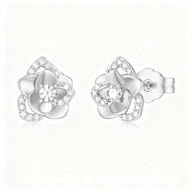 10K White Gold Cubic Zirconia Rose Stud Earrings-3