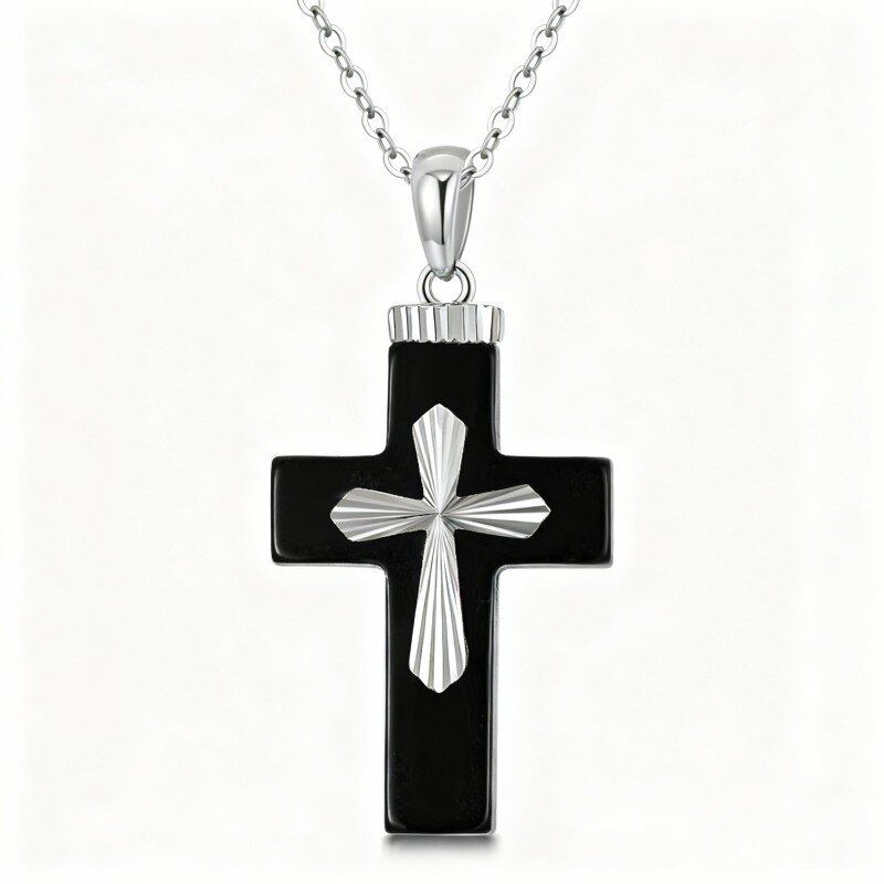 Halskette mit Kreuzanhänger aus rundem Achat aus 10-karätigem Weißgold-1