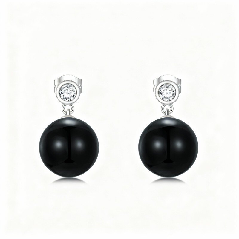 10K White Gold Round Cut Agate Spherical Drop Earrings-3