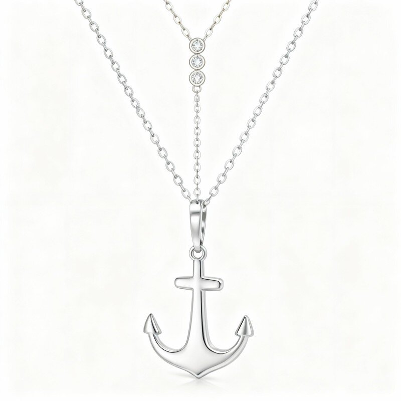 Collana a Y non regolabile con ancora in zirconia cubica taglio rotondo in oro bianco 10K-6