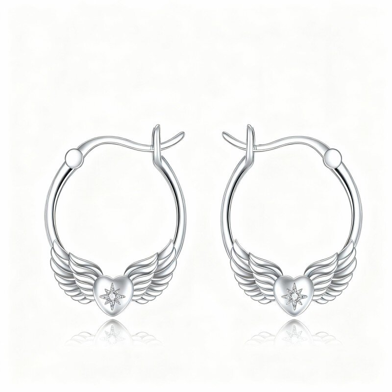 10K White Gold Round Cut Cubic Zirconia Angel Wing Drop Earrings-6