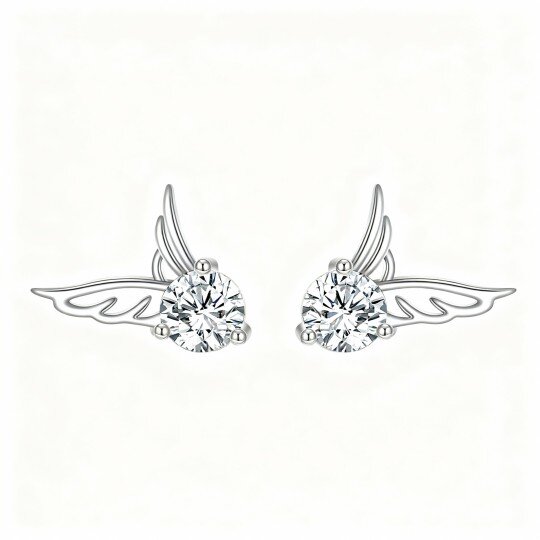 10K White Gold Round Cut Cubic Zirconia Angel Wing Stud Earrings