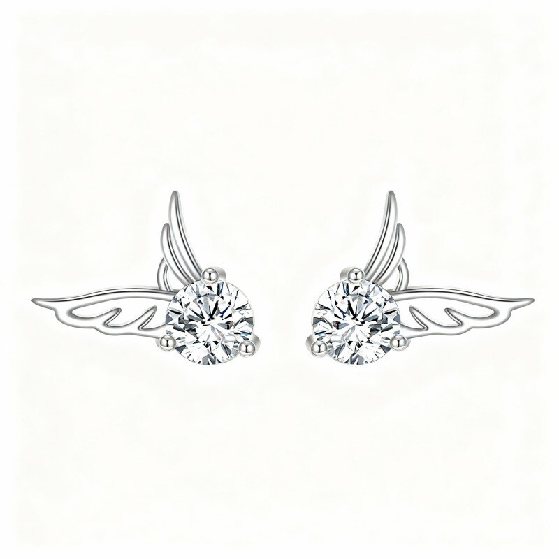 10K White Gold Round Cut Cubic Zirconia Angel Wing Stud Earrings-2