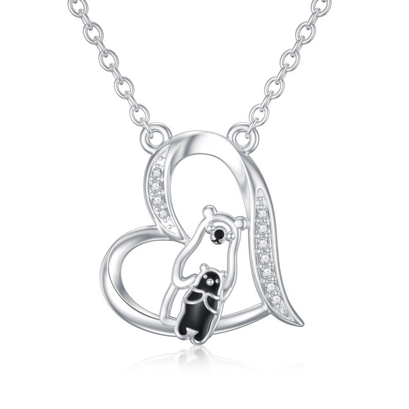 Platinum with White Gold Plated Round Cut Cubic Zirconia Bear & Heart Pendant Necklace-1