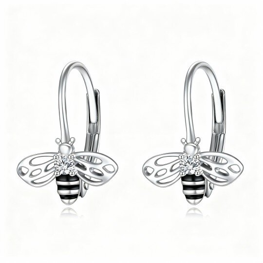 Pendientes de oro blanco de 10 quilates con circonitas cúbicas de talla redonda y forma de abeja con cierre de palanca