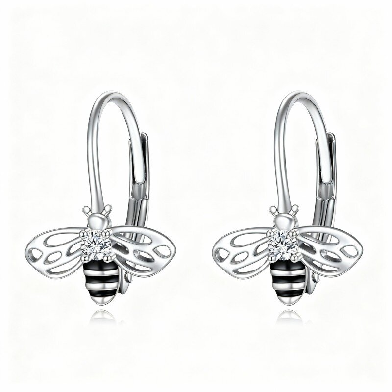 Brincos de abelha com fecho de alavanca em ouro branco de 10 quilates e zircónia cúbica de corte redondo.-20