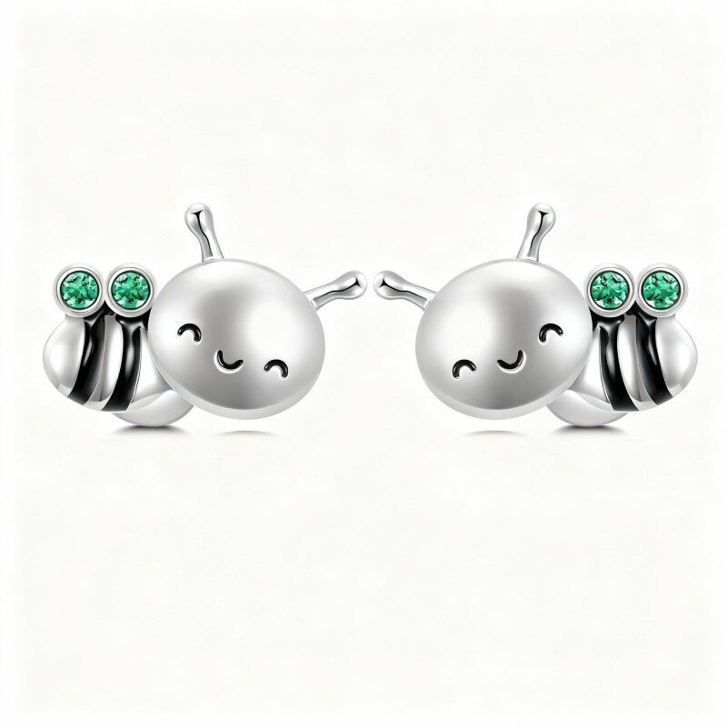 10K White Gold Round Cut Cubic Zirconia Bee Stud Earrings-14