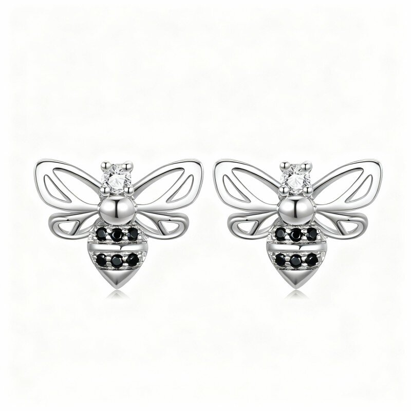 10K White Gold Round Cut Cubic Zirconia Bee Stud Earrings-9