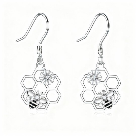 10K White Gold Round Cut Cubic Zirconia Bee & Sunflower Drop Earrings