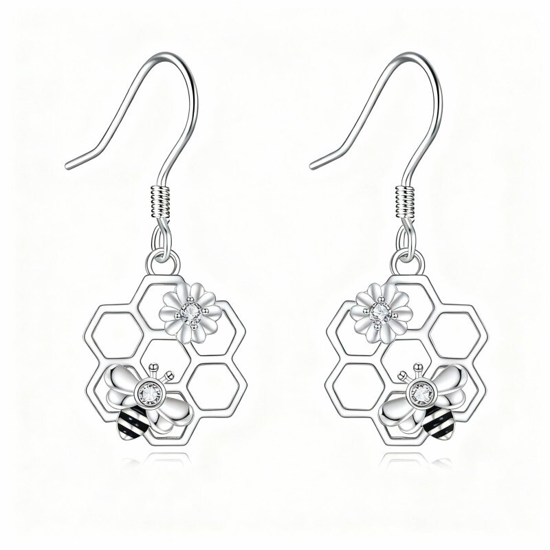 10K White Gold Round Cut Cubic Zirconia Bee & Sunflower Drop Earrings-14
