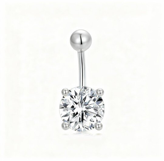 10K White Gold Round Cut Cubic Zirconia Belly Button Ring