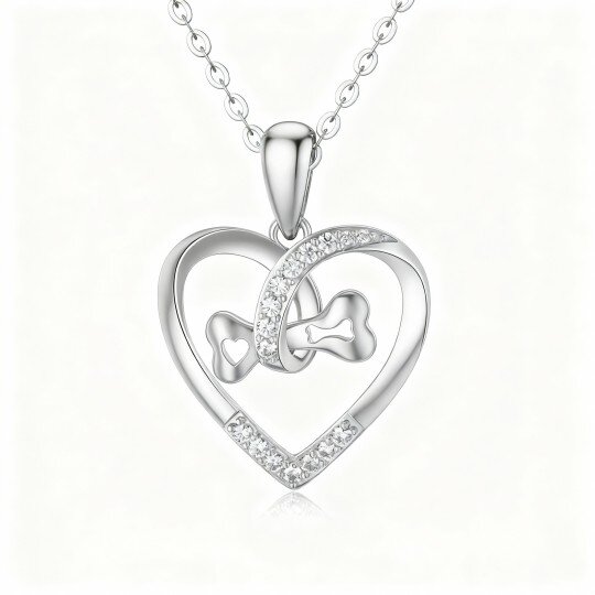 10K White Gold Round Cut Cubic Zirconia Bone & Heart With Heart Pendant Necklace