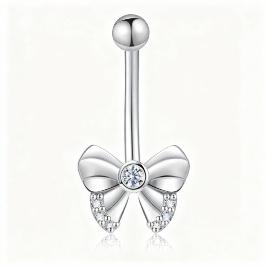 10K White Gold Round Cut Cubic Zirconia Bow Belly Button Ring