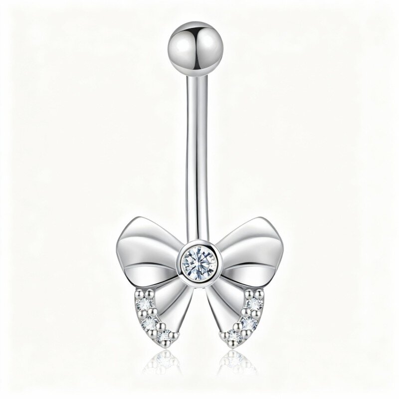 Piercing para umbigo em forma de laço com zircónia cúbica de corte redondo em ouro branco de 10 quilates-1