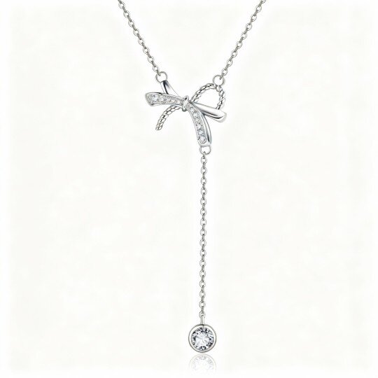 10K White Gold Round Cut Cubic Zirconia Bow Non-adjustable Y-Necklace