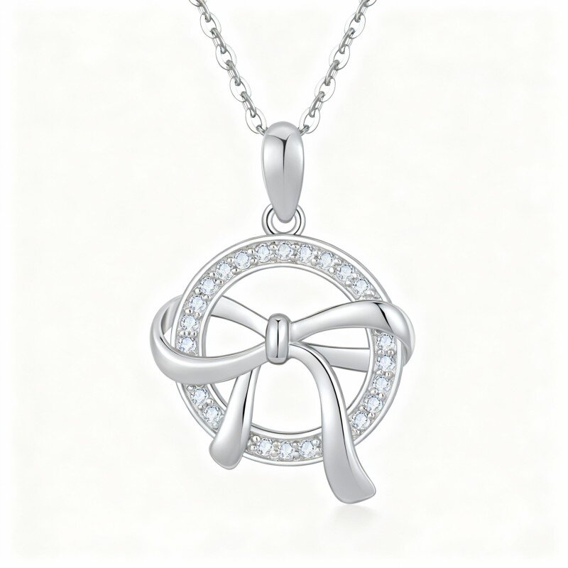 9K White Gold Round Cut Cubic Zirconia Bow Pendant Necklace-4