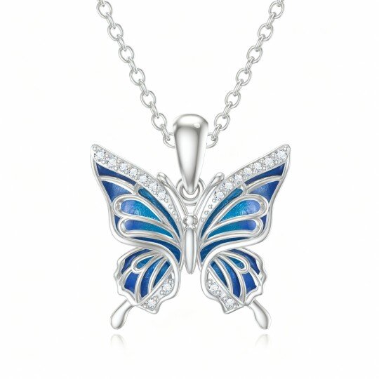 10K White Gold Round Cut Cubic Zirconia Butterfly Pendant Necklace