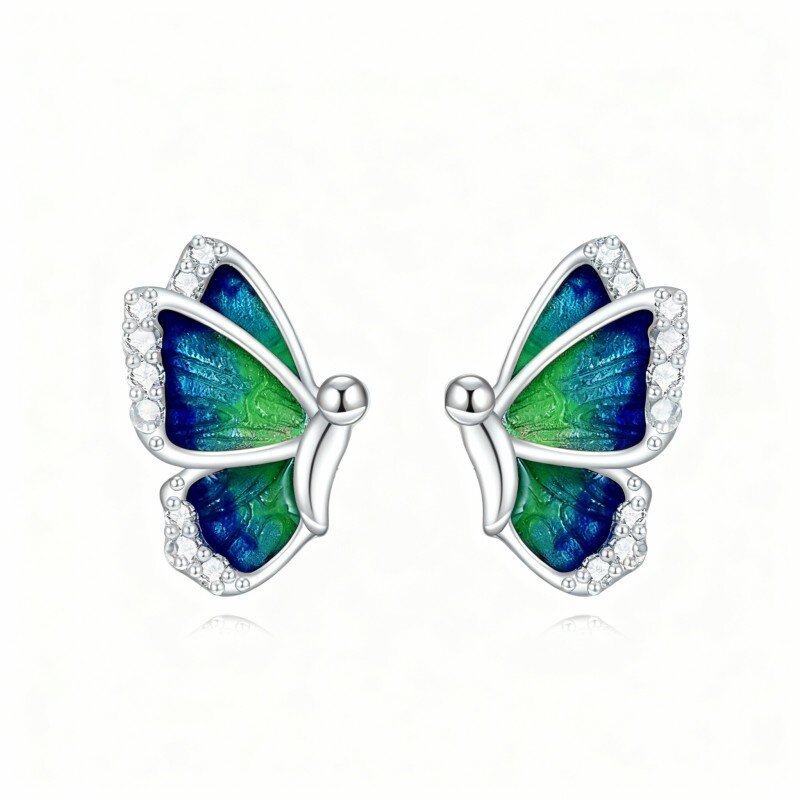 10K White Gold Round Cut Cubic Zirconia Butterfly Stud Earrings-19