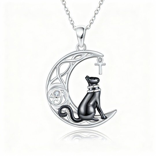 10K White Gold Round Cut Cubic Zirconia Cat & Celtic Knot & Moon Pendant Necklace