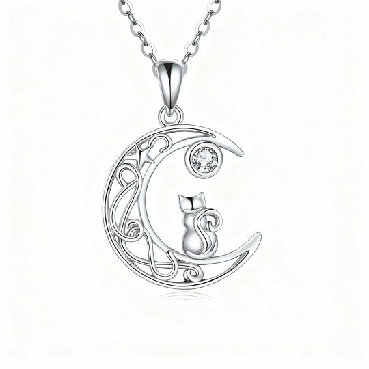 10K White Gold Round Cut Cubic Zirconia Cat & Moon Pendant Necklace