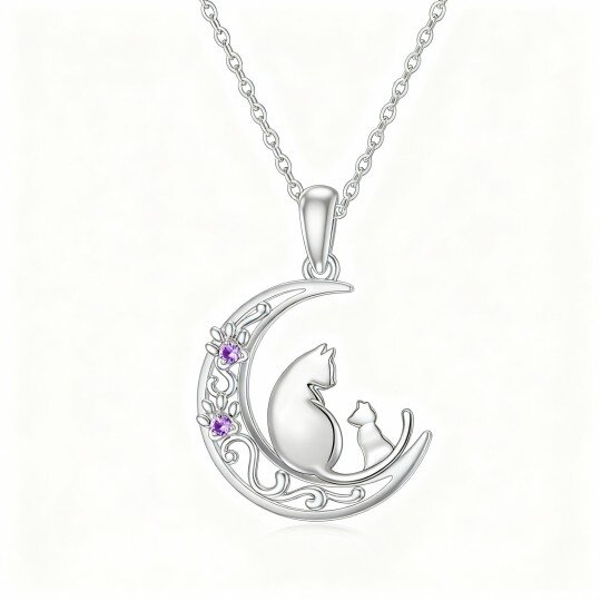 Halskette aus 9-karätigem Weißgold mit rundem Zirkonia-Anhänger in Katzen-, Pfoten- und Mondform