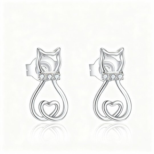 10K White Gold Round Cut Cubic Zirconia Cat Stud Earrings