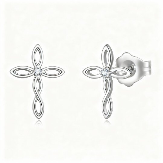 10K White Gold Round Cut Cubic Zirconia Celtic Knot & Cross Drop Earrings