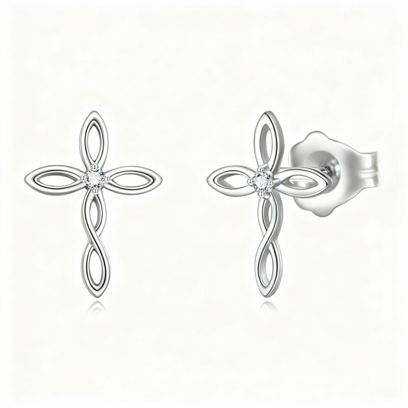 10K White Gold Round Cut Cubic Zirconia Celtic Knot & Cross Drop Earrings-13
