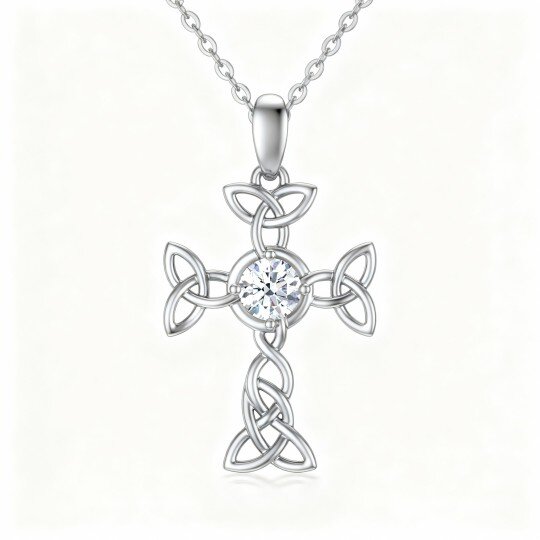 10K White Gold Round Cut Cubic Zirconia Celtic Knot & Cross Pendant Necklace