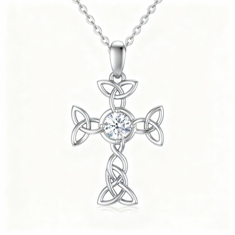 10K White Gold Round Cut Cubic Zirconia Celtic Knot & Cross Pendant Necklace-3