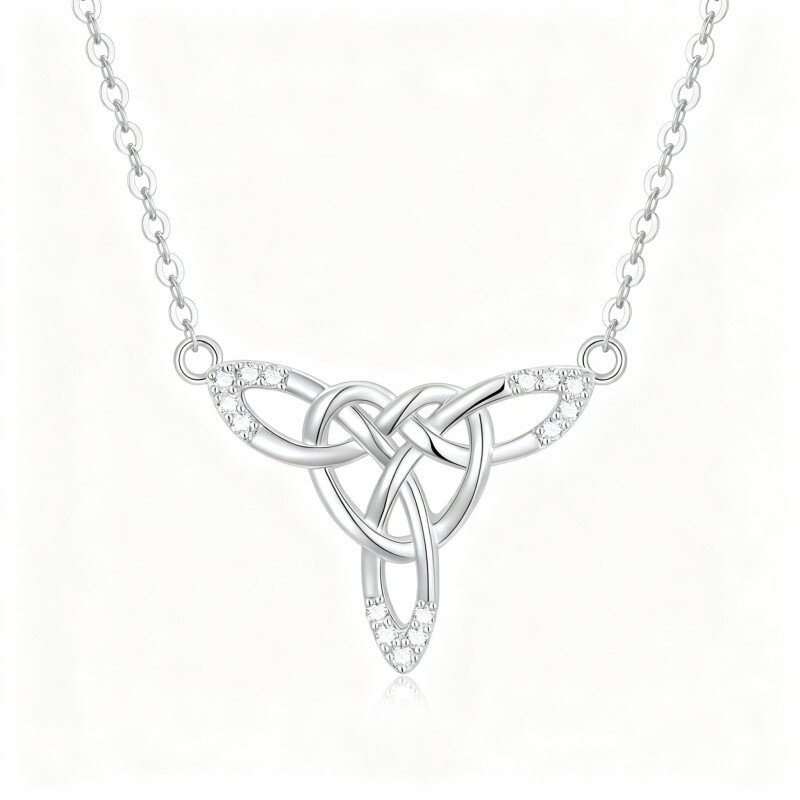 Colar com pendente de nó celta em ouro branco de 10 quilates com zircónia cúbica de corte redondo-13