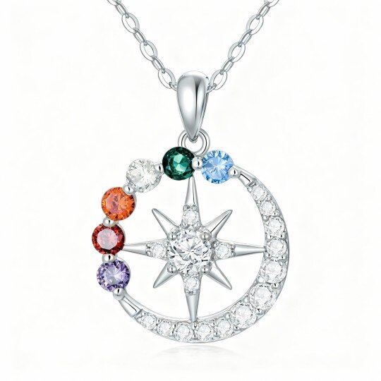 10K White Gold Round Cut Cubic Zirconia Chakras & Moon & Sun Pendant Necklace
