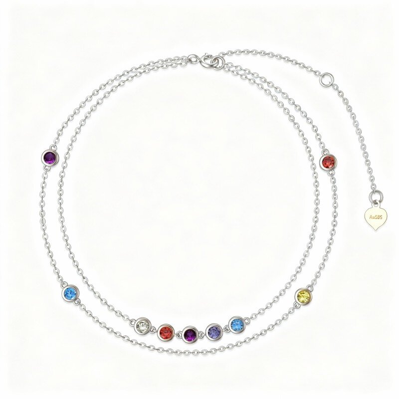 Bransoletka na kostkę z 10-karatowego białego złota z cyrkonii sześciennej i zawieszkami Chakras, wielowarstwowa-5